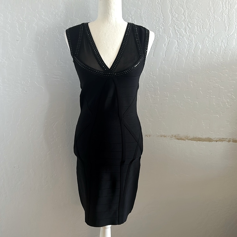 Bebe Black Embellished Body con Dress with mesh inserts Dress